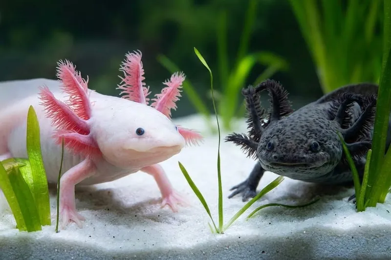 Due axolotl, uno rosa e uno scuro, uno di fronte all'altro su sabbia chiara