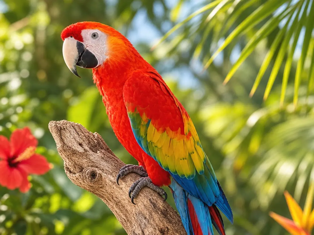 Un ara scarlatto dalle piume rosse, gialle e blu su un ramo, tra foglie tropicali