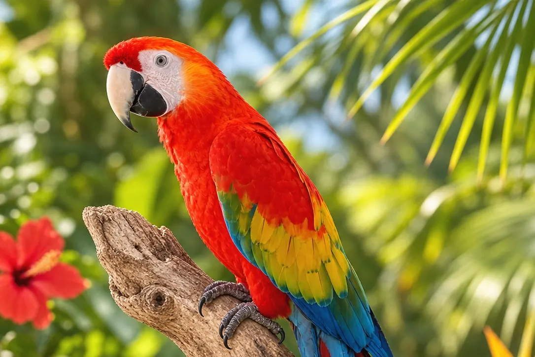 Un ara scarlatto dalle piume rosse, gialle e blu su un ramo, tra foglie e fiori tropicali